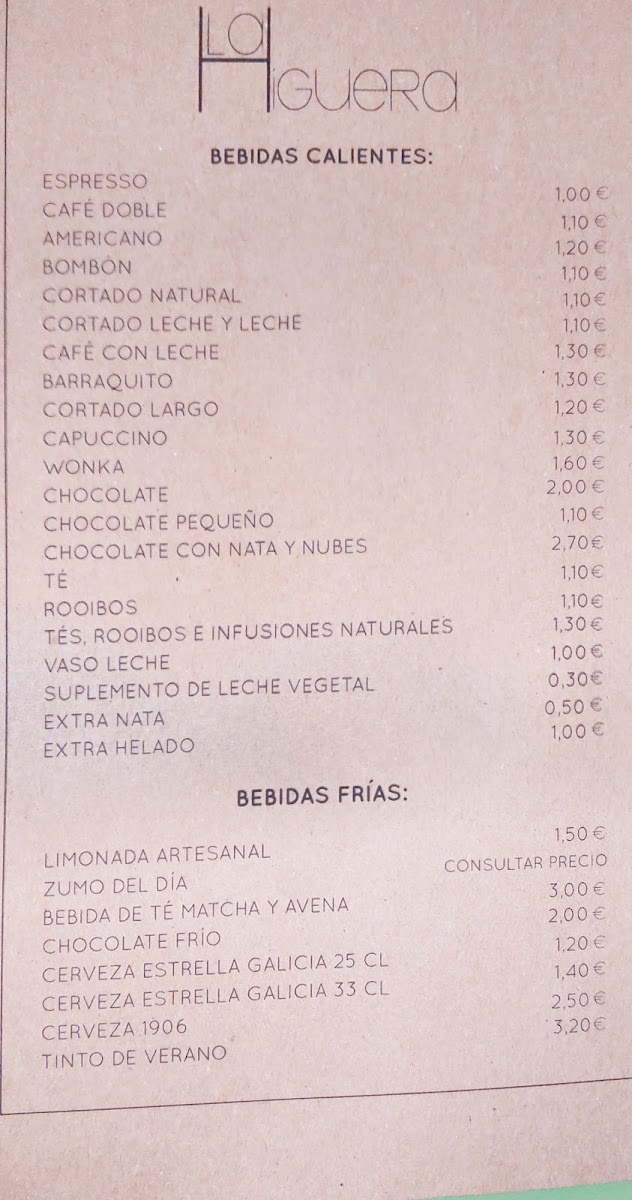 La Higuera Café menu board