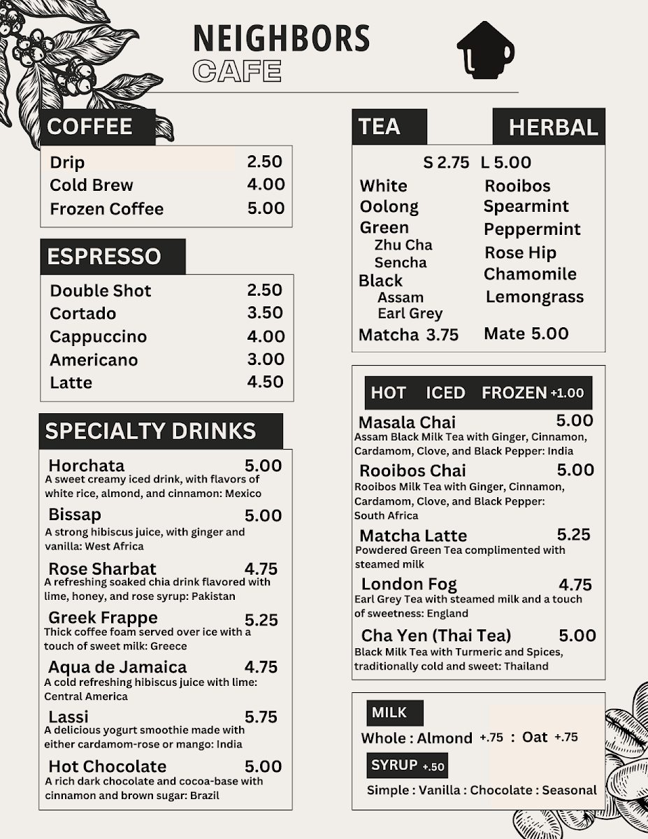 Neighbors Cafe menu board