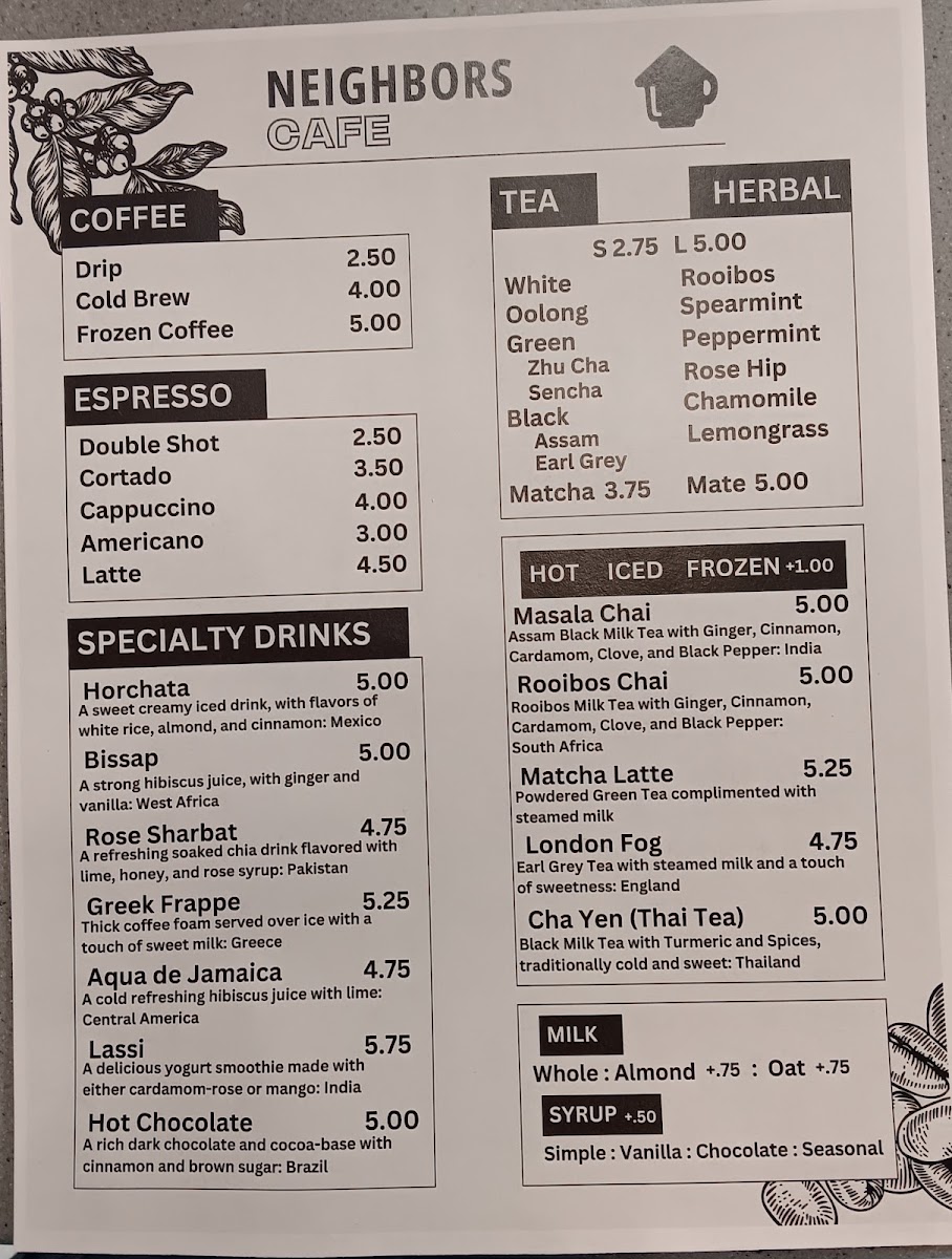 Neighbors Cafe menu board