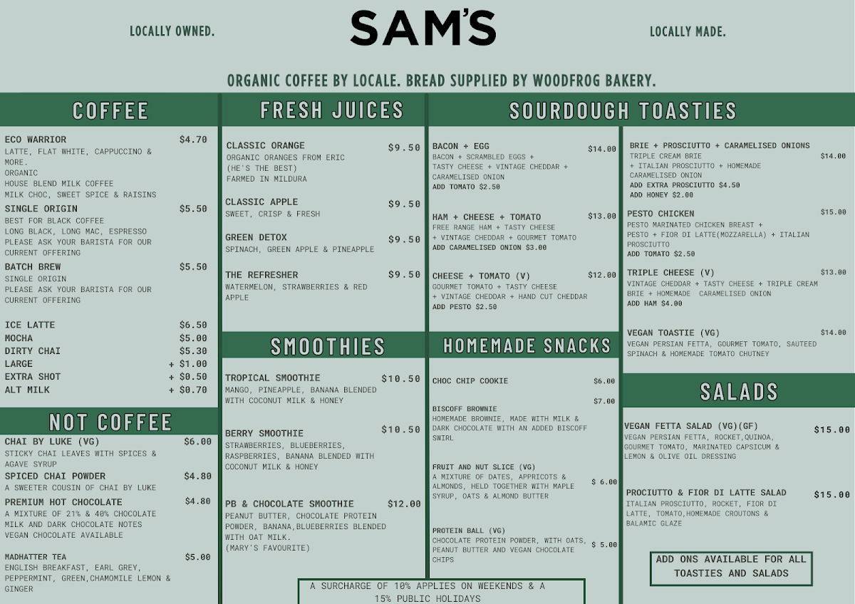 Sam's Cafe Melbourne menu board