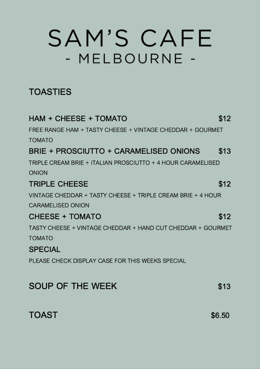 Sam's Cafe Melbourne menu board