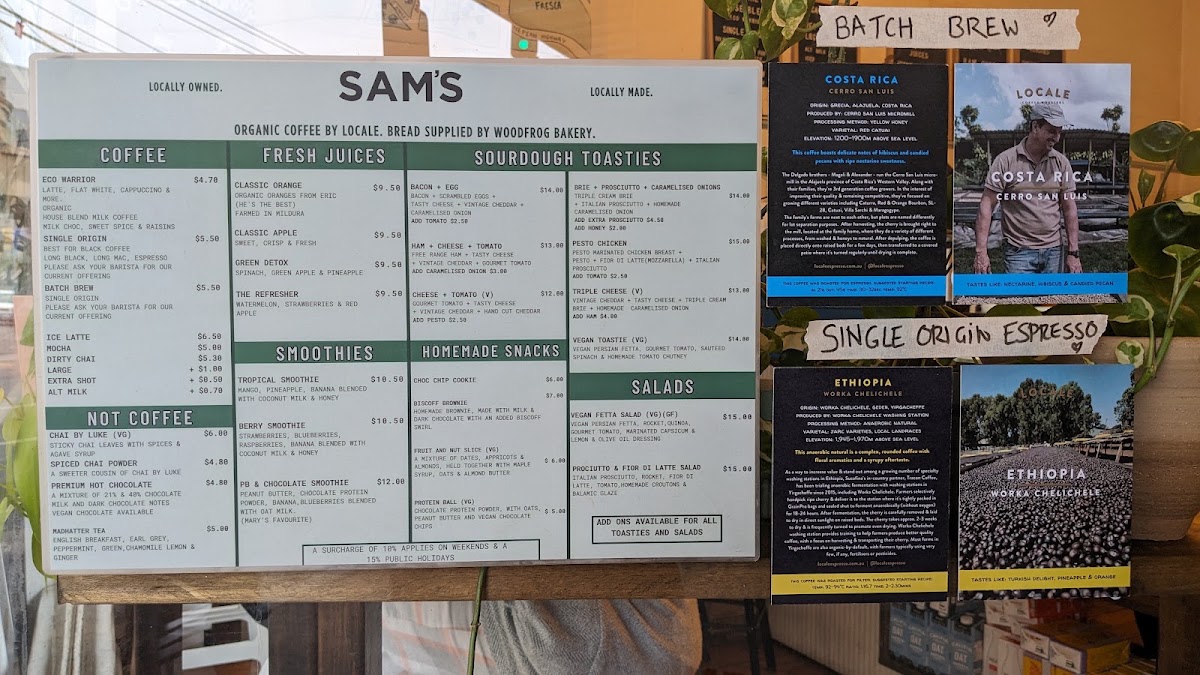 Sam's Cafe Melbourne menu board