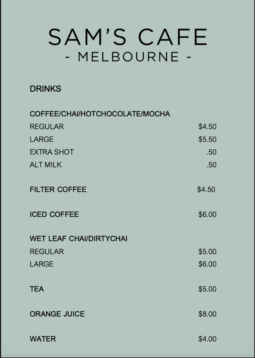 Sam's Cafe Melbourne menu board