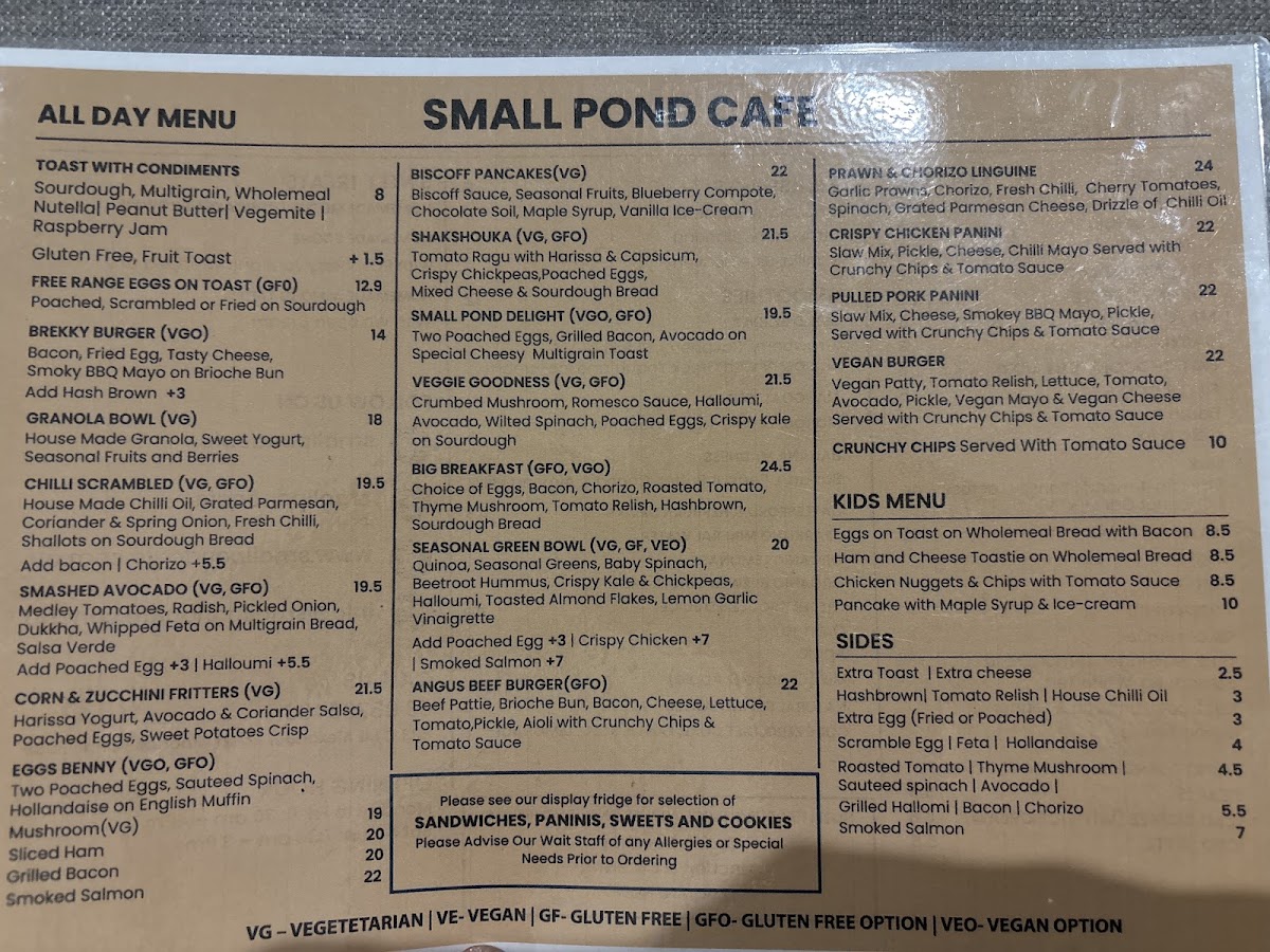 Small Pond Cafe menu board