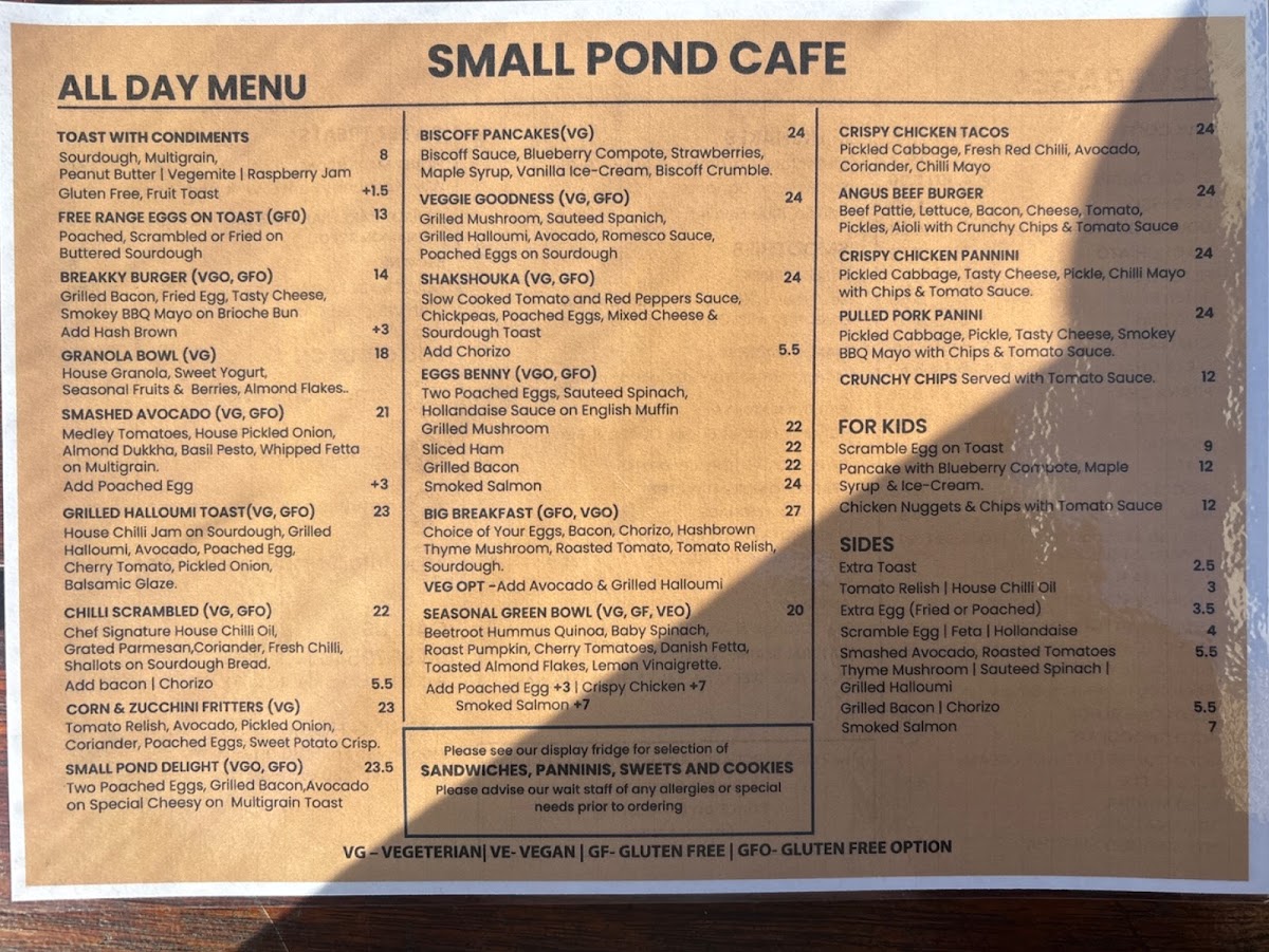 Small Pond Cafe menu board