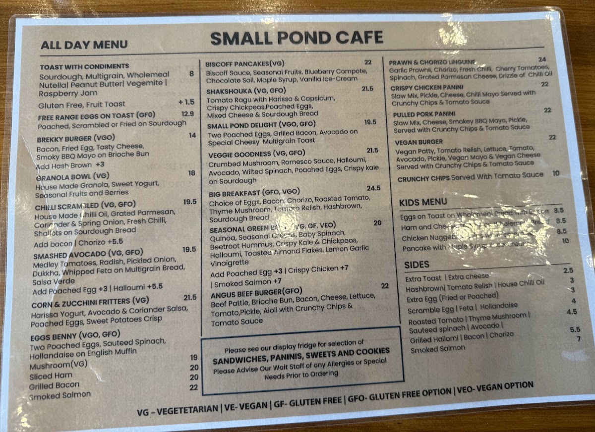 Small Pond Cafe menu board