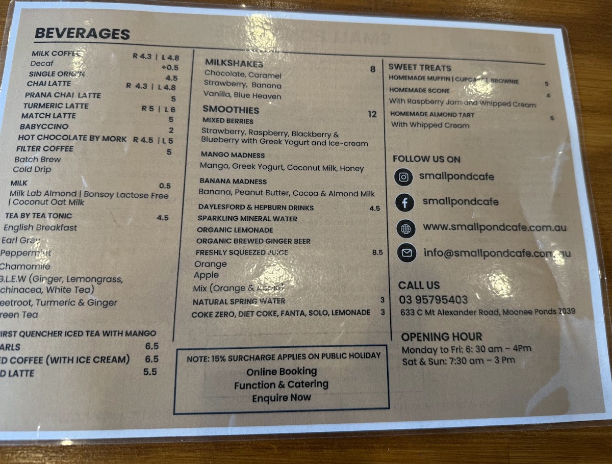 Small Pond Cafe menu board