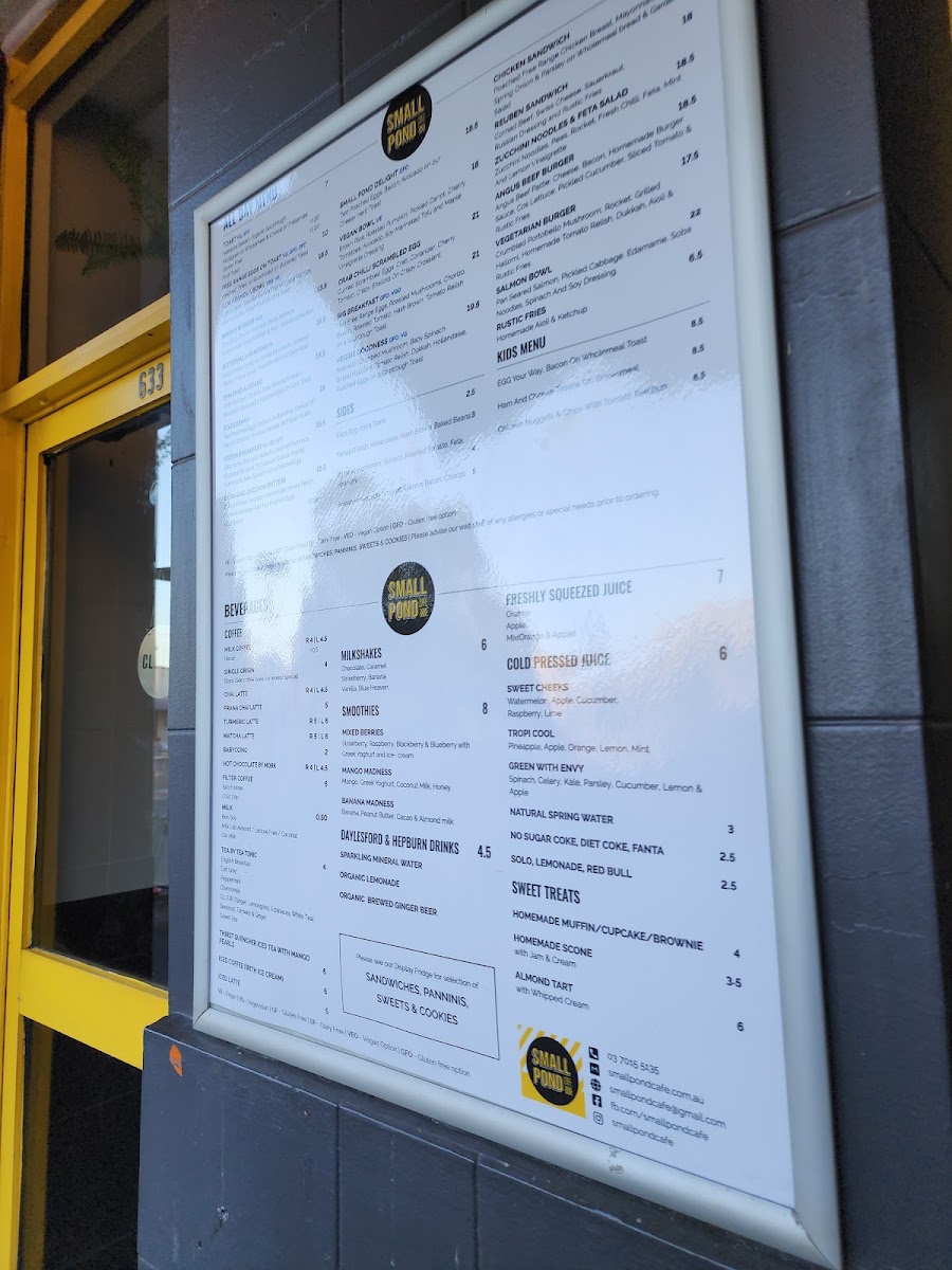 Small Pond Cafe menu board