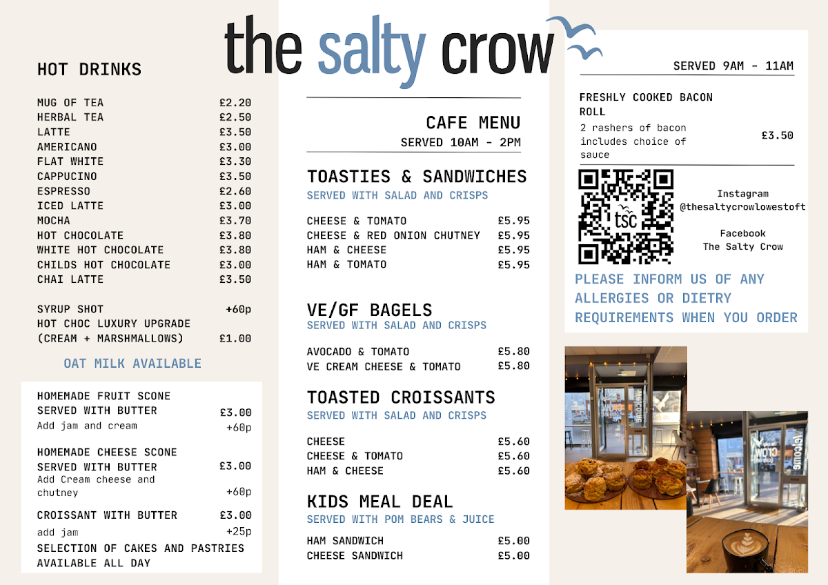 The Salty Crow menu board