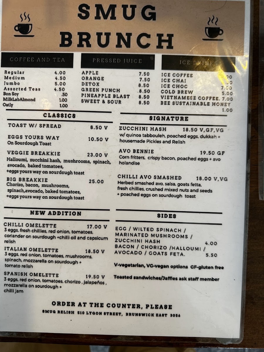 Smug Relish menu board