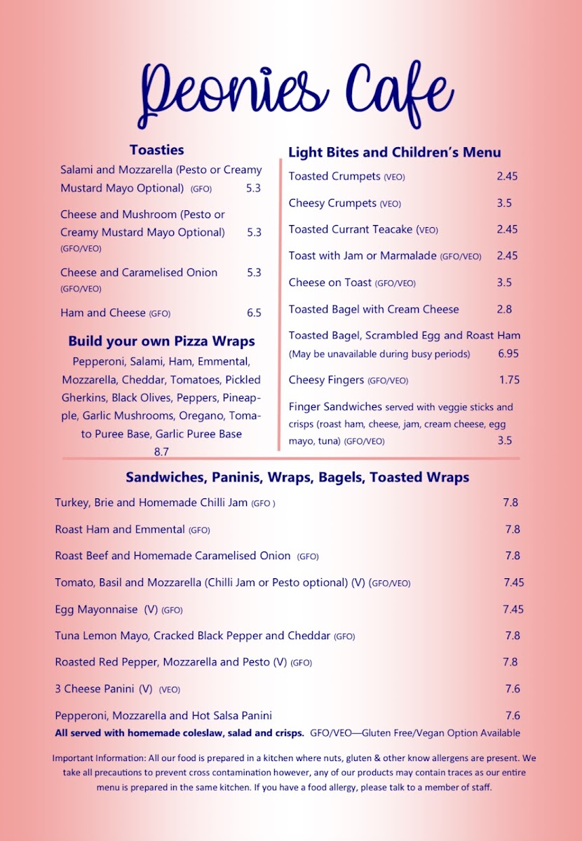 Peonies Cafe menu board