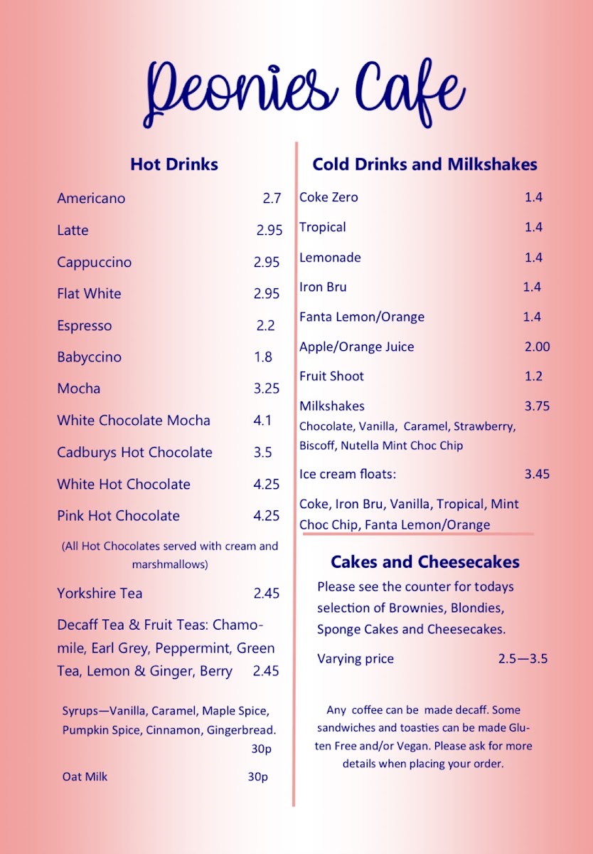 Peonies Cafe menu board
