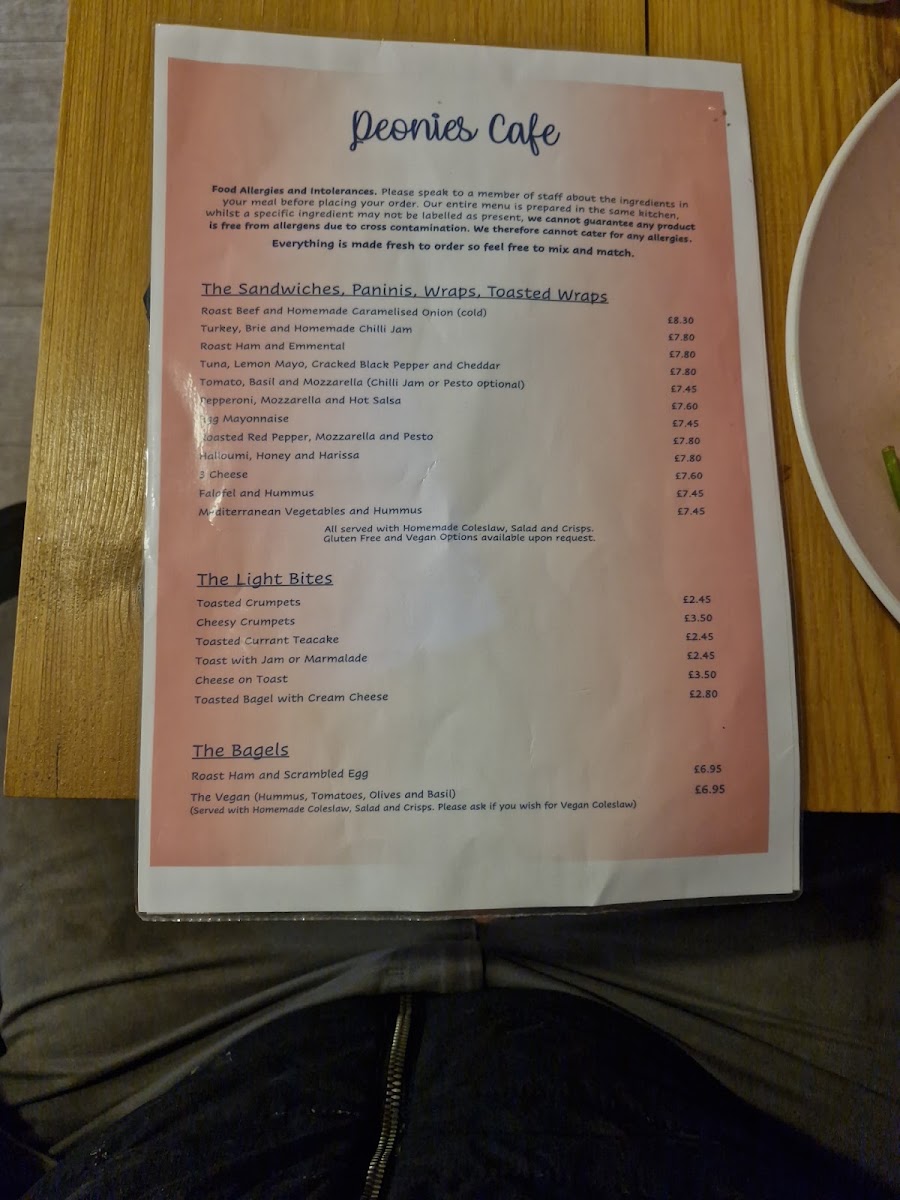 Peonies Cafe menu board