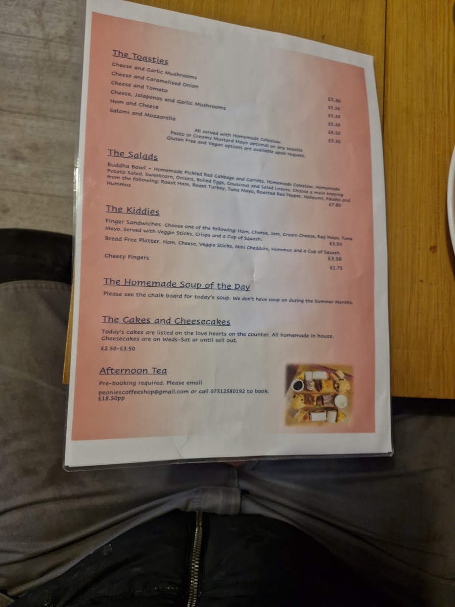 Peonies Cafe menu board