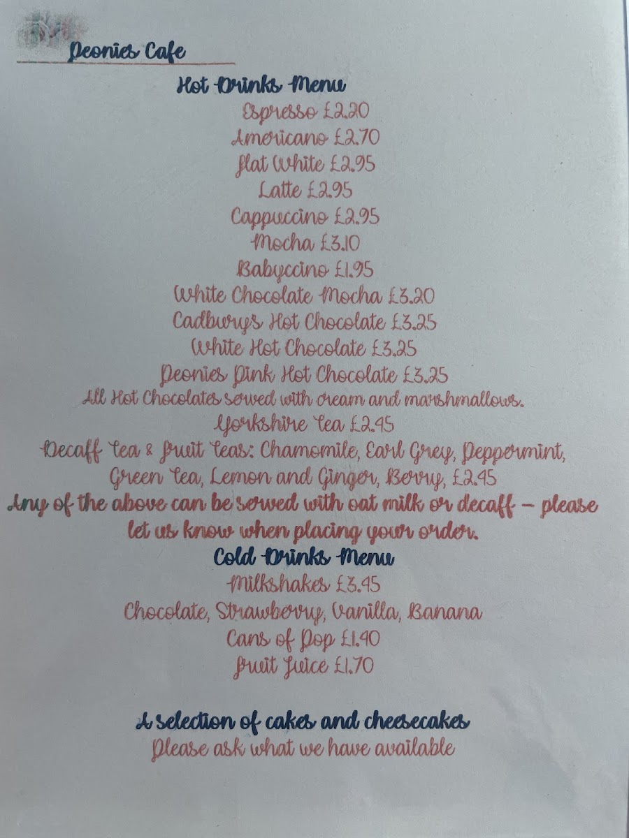 Peonies Cafe menu board