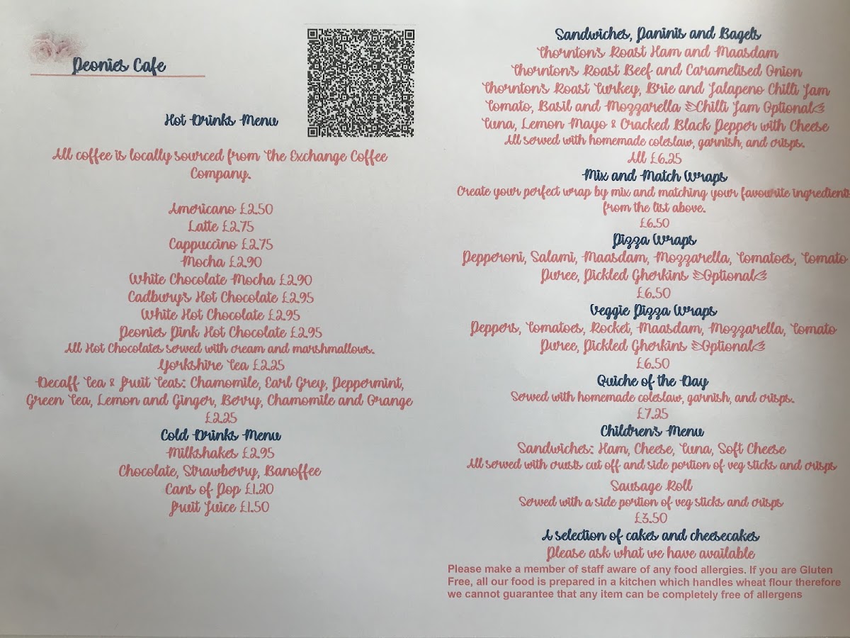 Peonies Cafe menu board