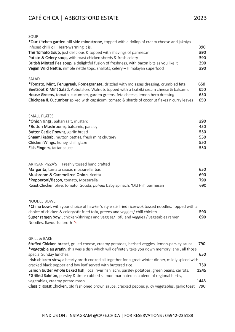 Cafe Chica, Abbotsford Heritage Hotel menu board