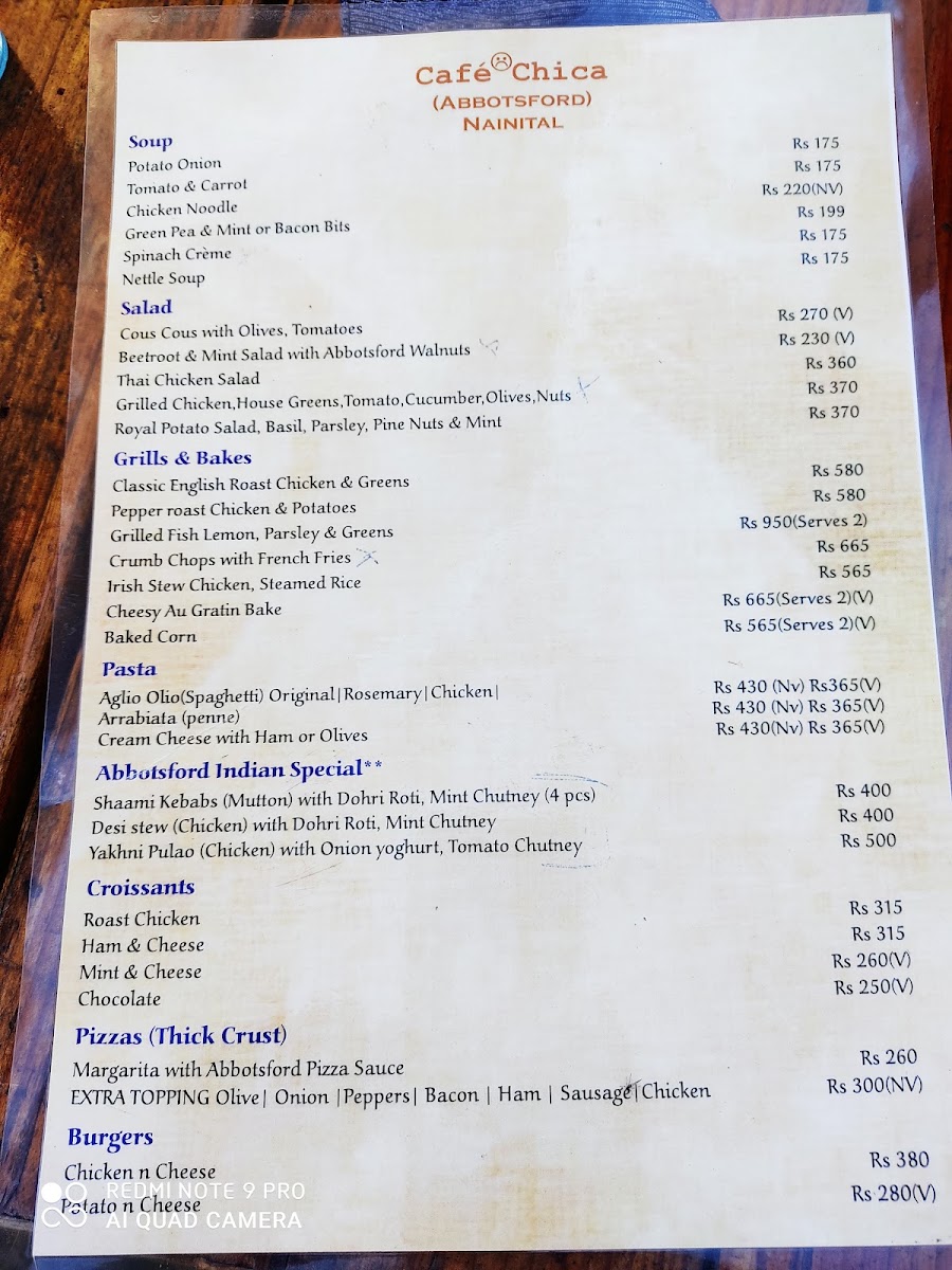 Cafe Chica, Abbotsford Heritage Hotel menu board