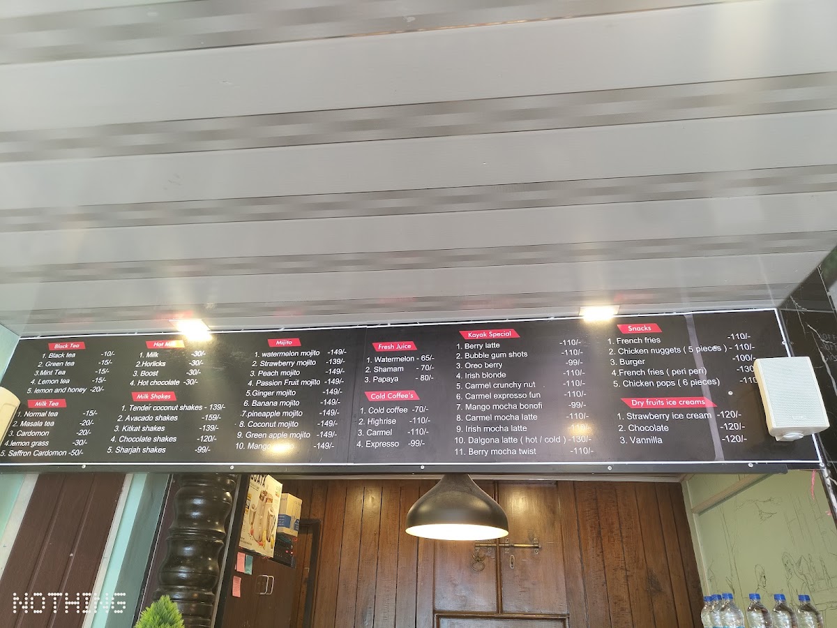 Kayak Coffee Day Alleppey menu board