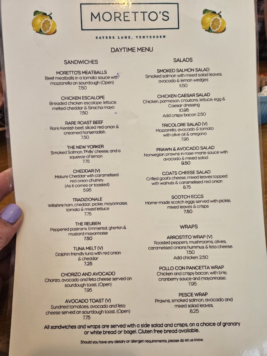 Moretto’s menu board