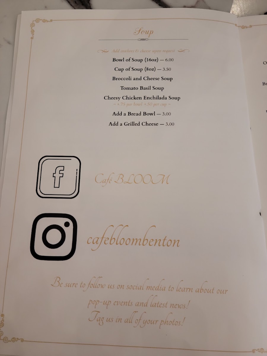 Café Bloom menu board