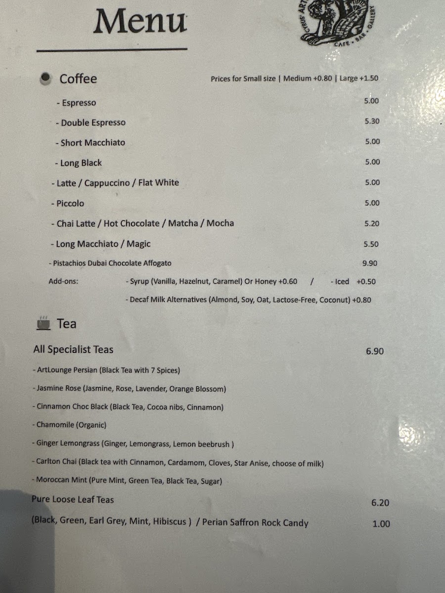 Cyrus Artlounge menu board