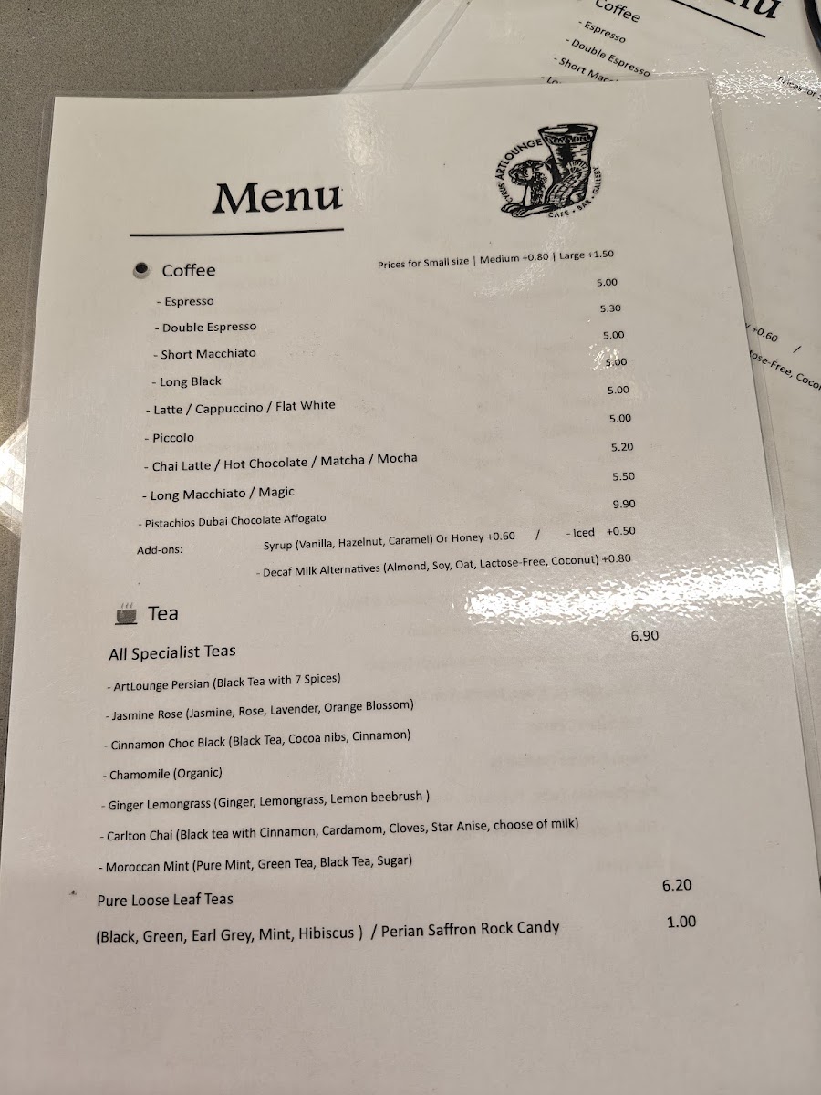 Cyrus Artlounge menu board
