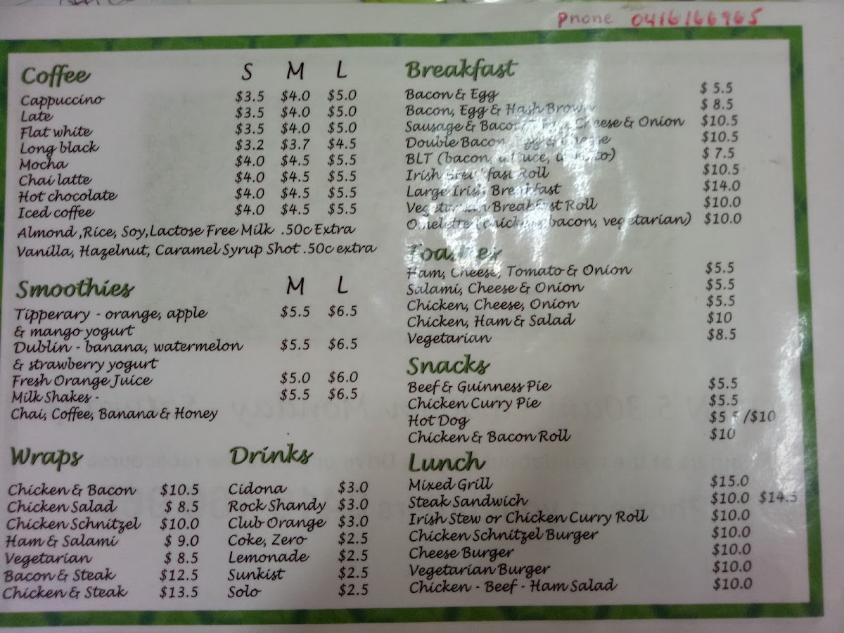 Irish Cafe menu board