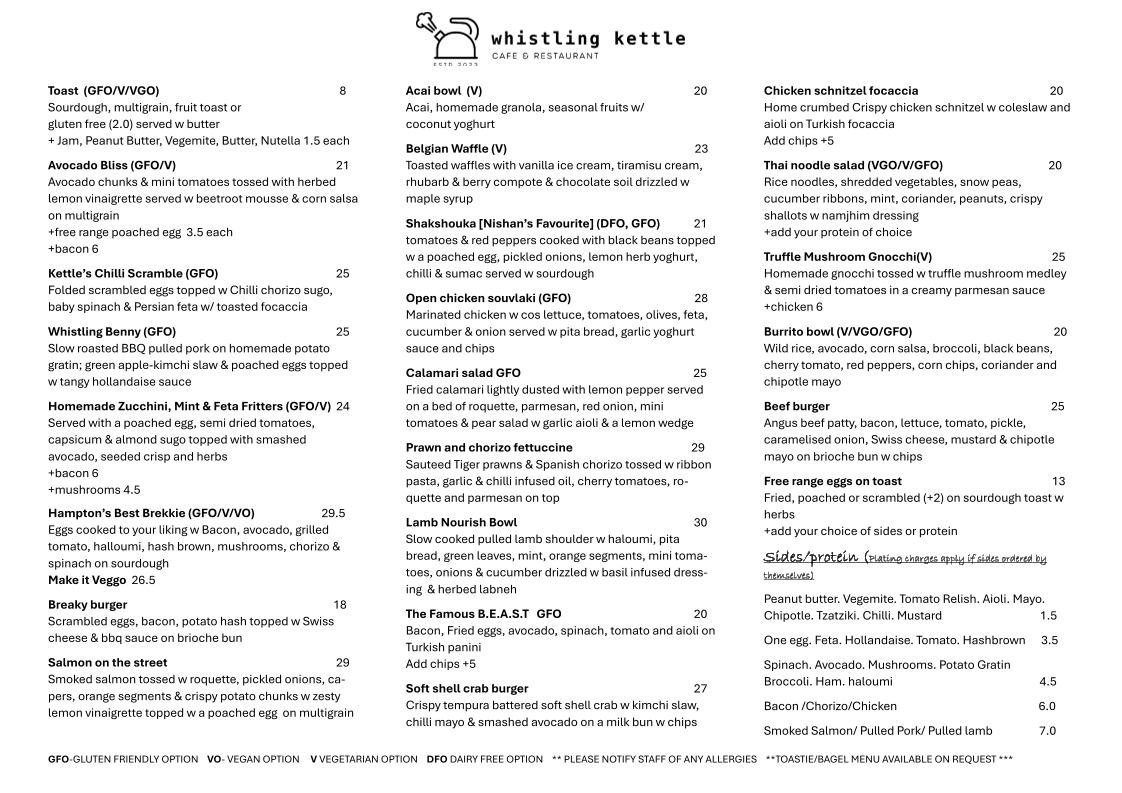 Whistling Kettle Cafe Hampton menu board