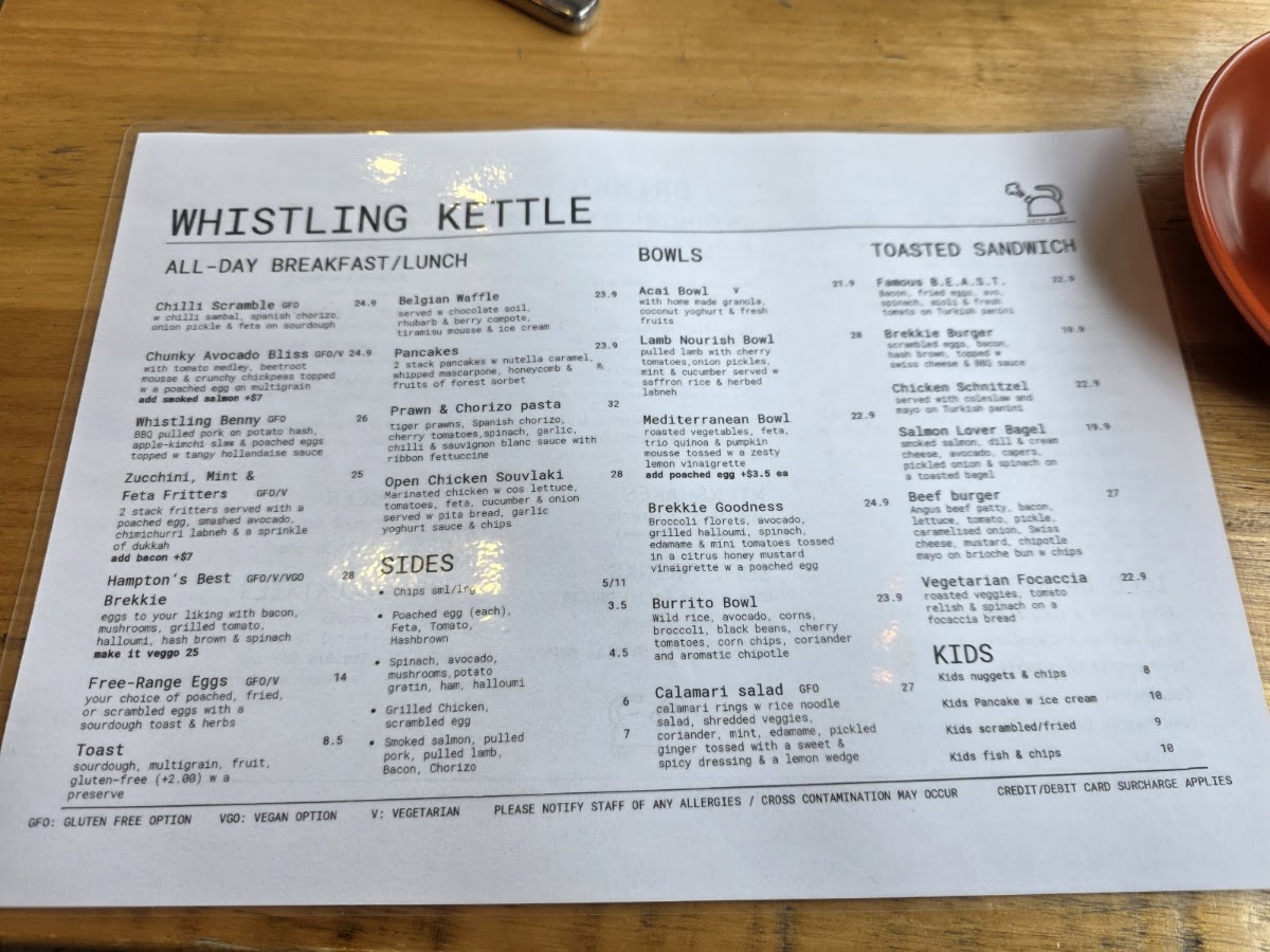 Whistling Kettle Cafe Hampton menu board