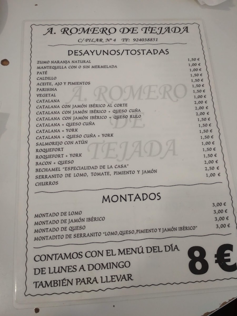 A. Romero de Tejada menu board