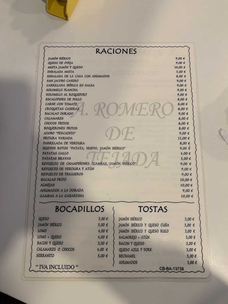 A. Romero de Tejada menu board