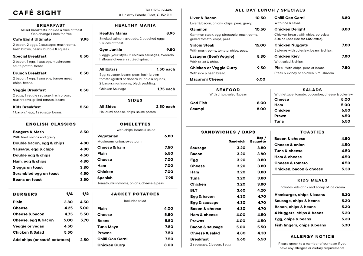 Café 8ight menu board