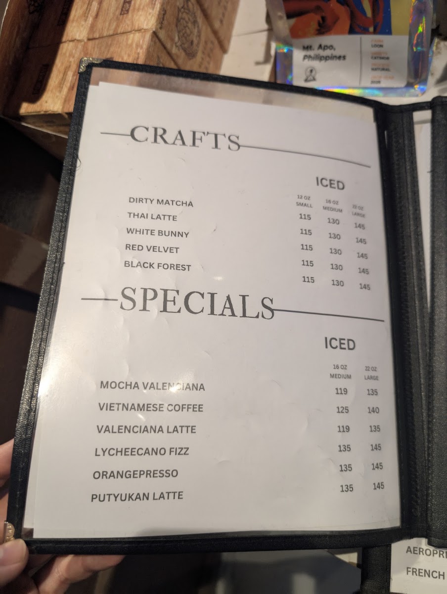 Cafe Mystika Valencia Espresso Bar menu board