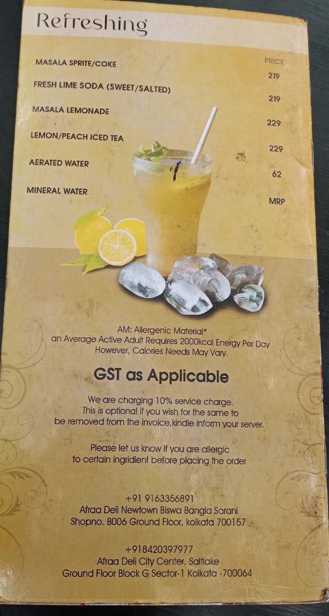 Afraa Deli menu board