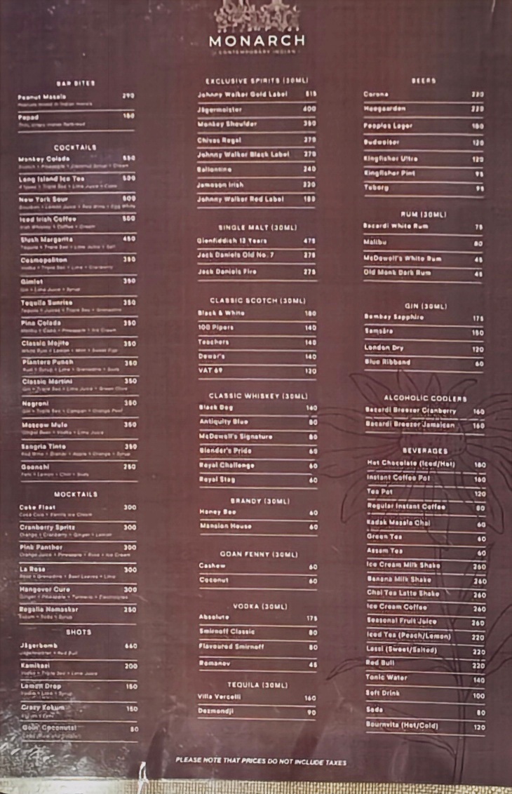 Monarch Lounge & Restaurant menu board