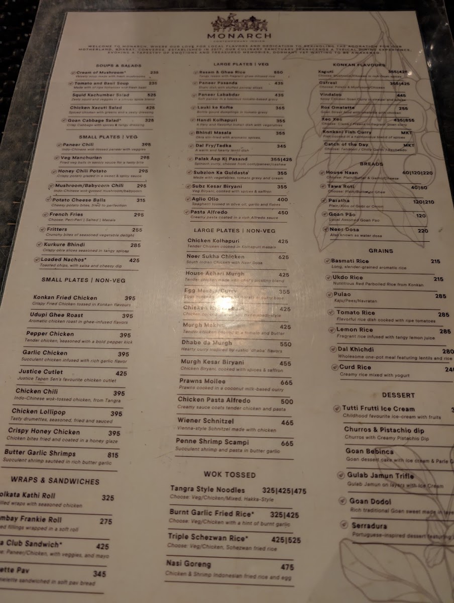 Monarch Lounge & Restaurant menu board