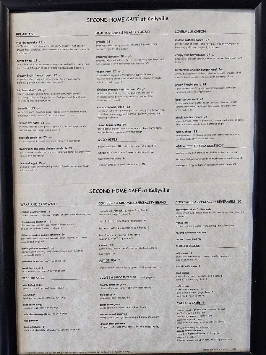 Second Home Cafe - Kellyville menu board
