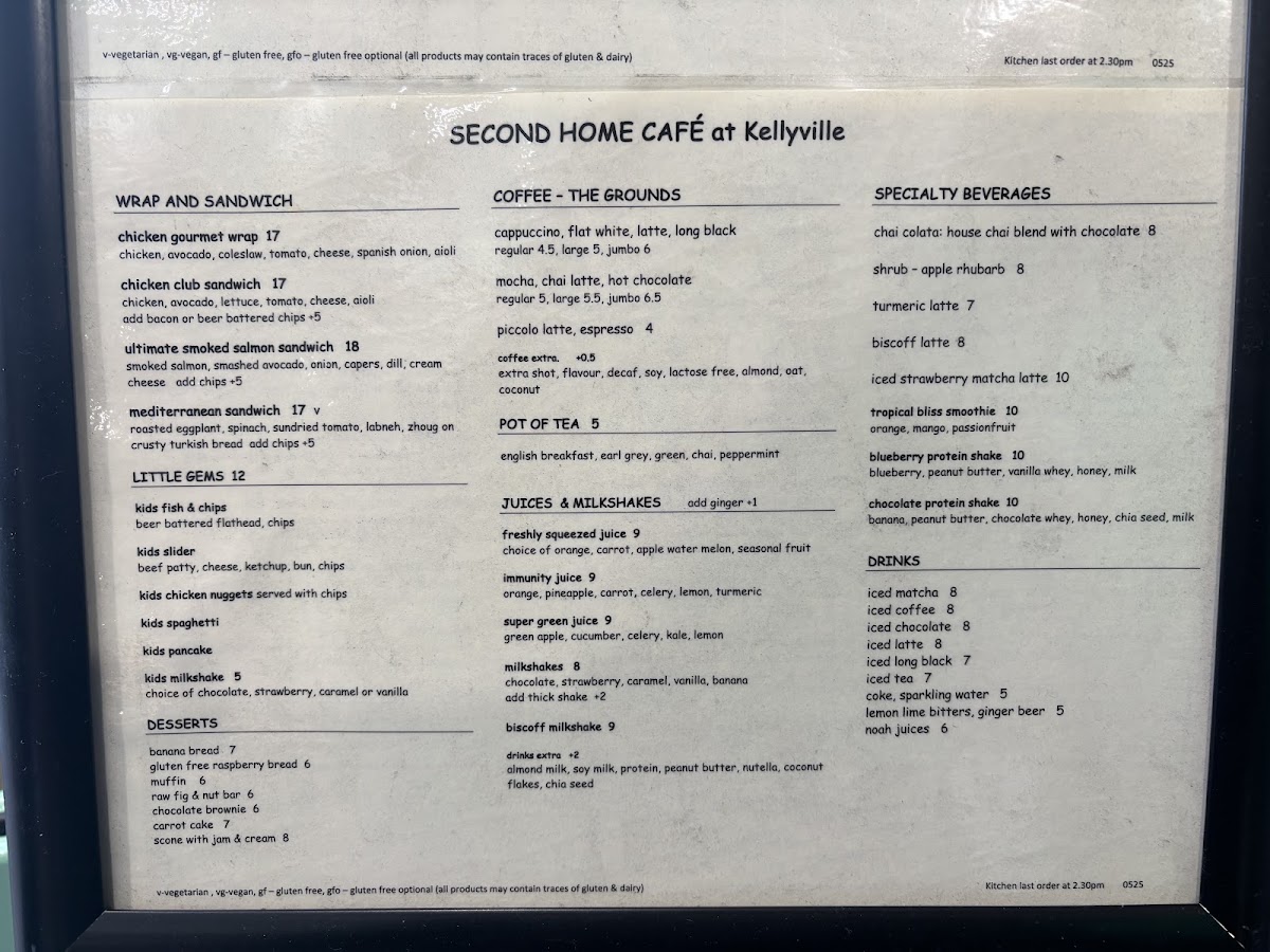 Second Home Cafe - Kellyville menu board