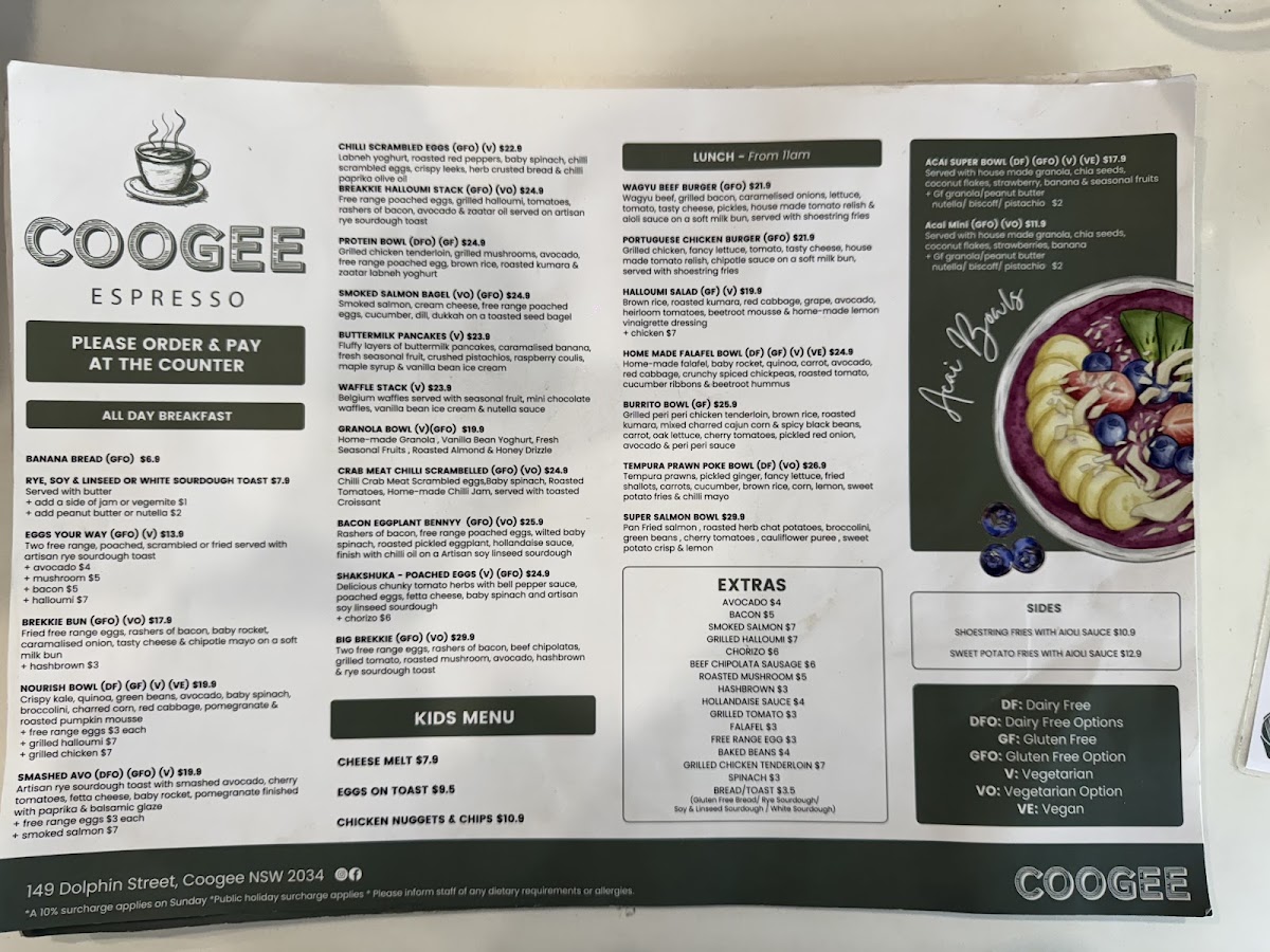 Coogee espresso menu board