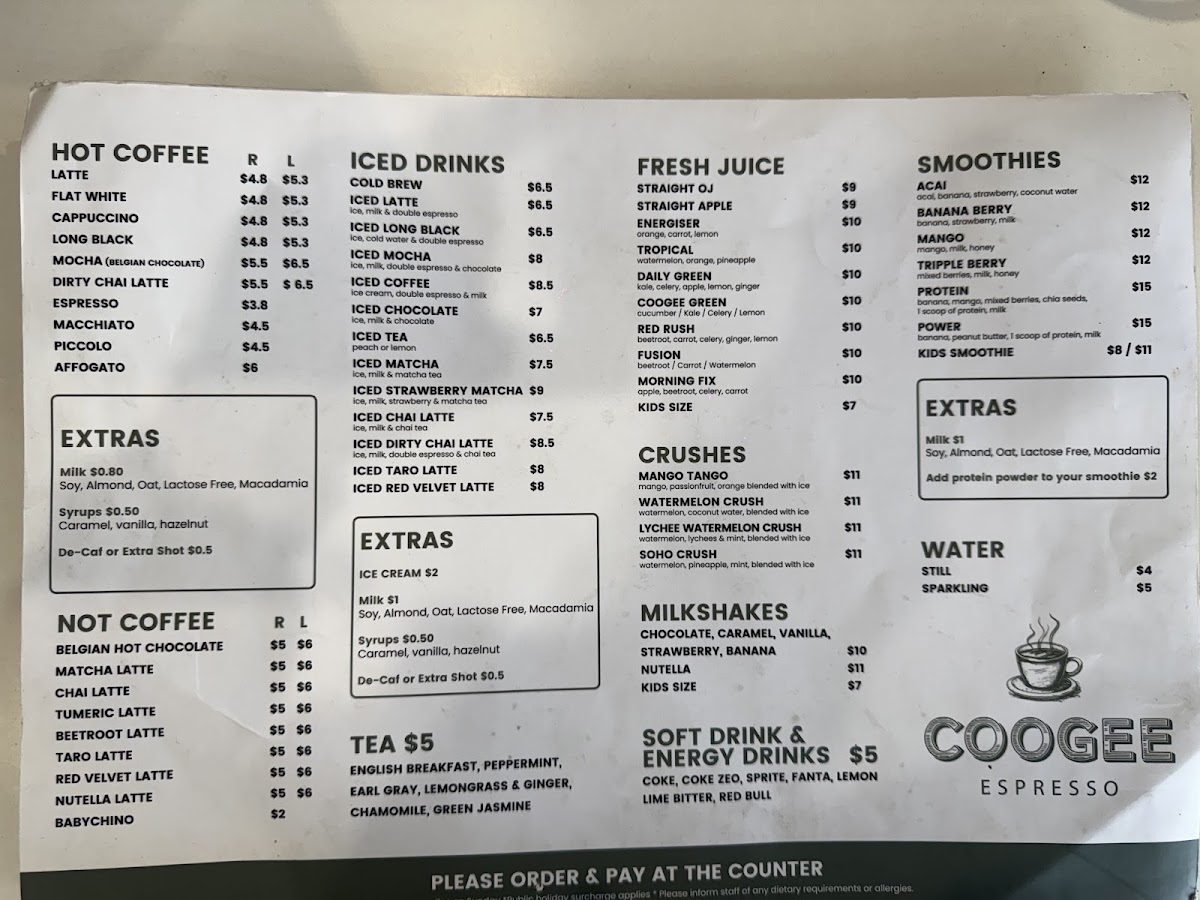 Coogee espresso menu board