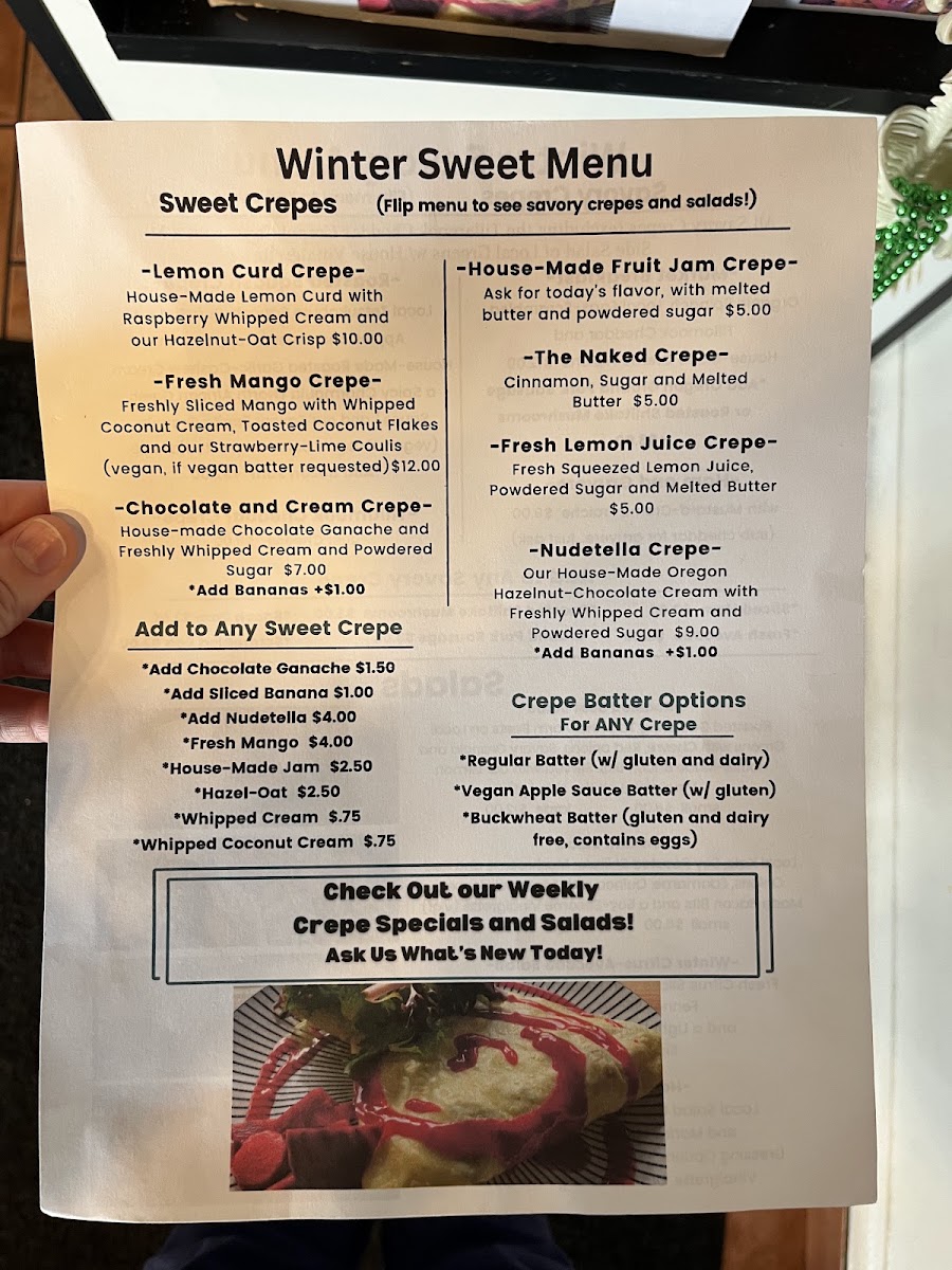 The Naked Crepe Cafe menu board