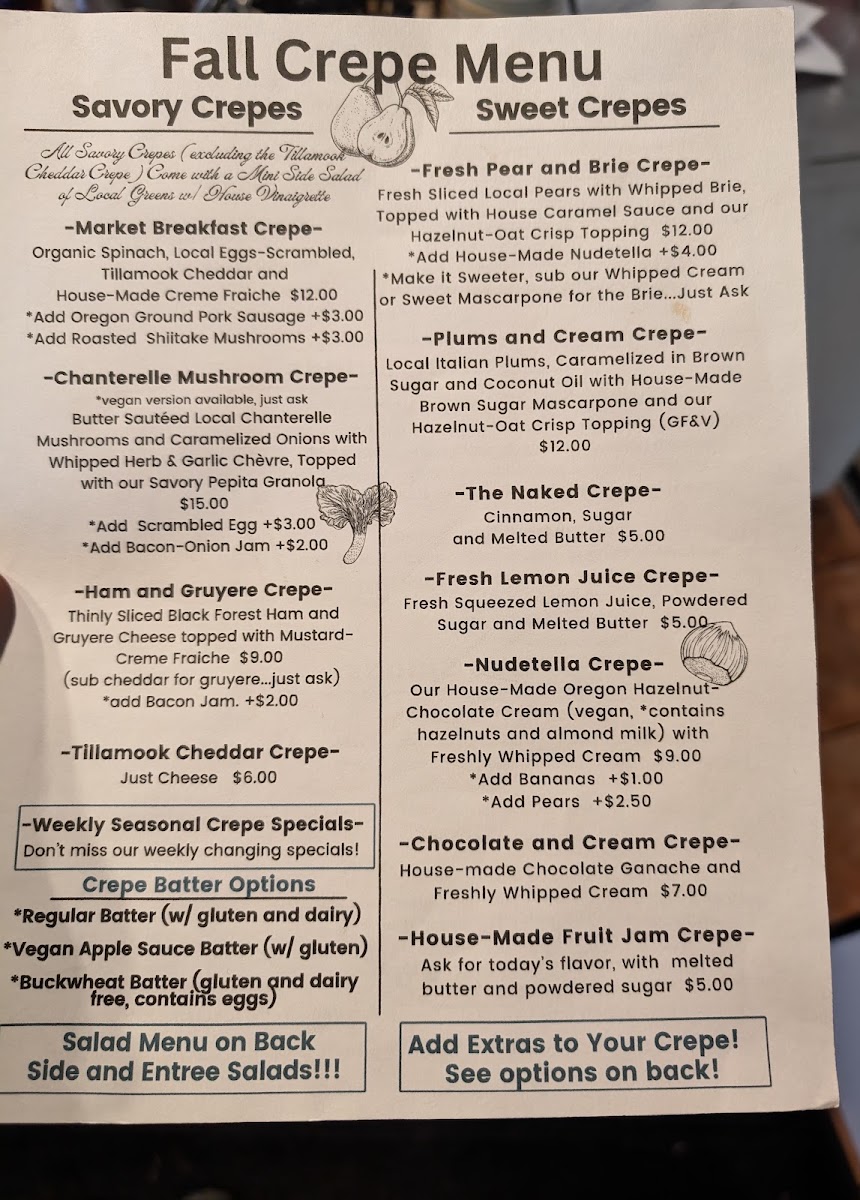 The Naked Crepe Cafe menu board