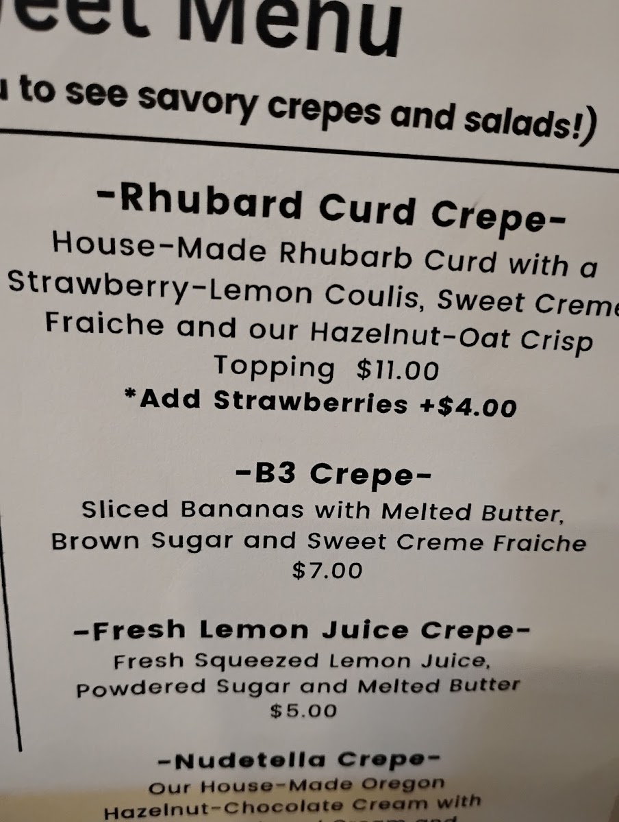 The Naked Crepe Cafe menu board