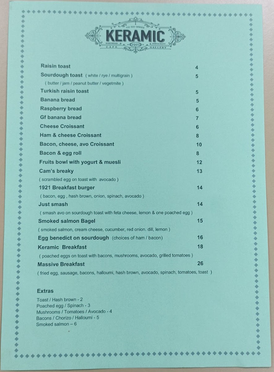 Keramic Cafe & Restaurant menu board