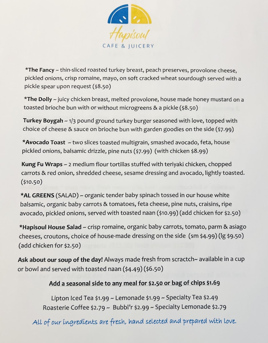 Hapisoul Cafe & Juicery menu board