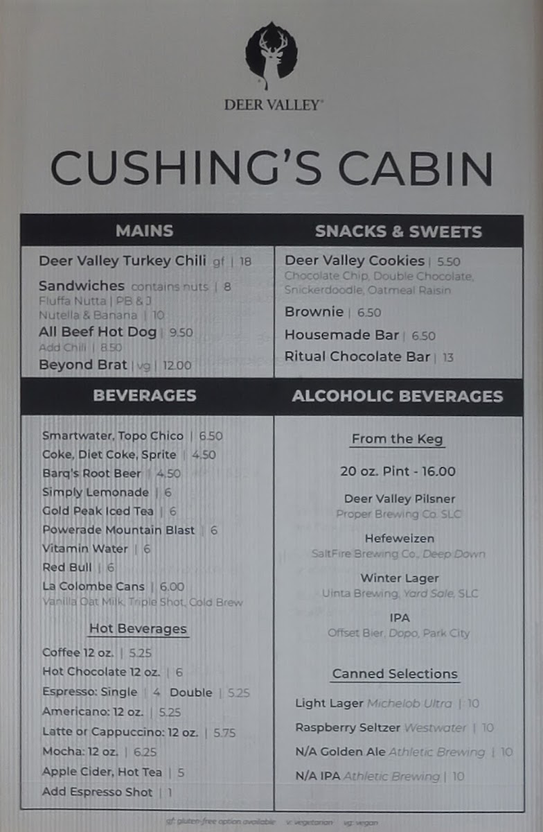 Cushing’s Cabin menu board