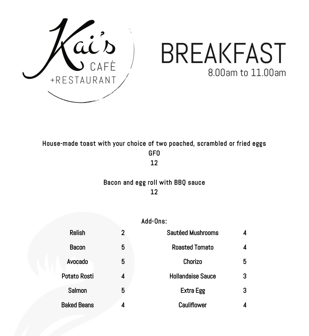 Kai's Cafe and Restaurant menu board