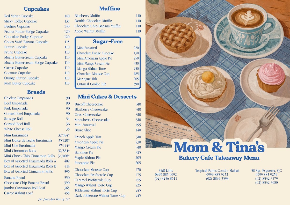 Mom & Tina's Bakery Cafe menu board