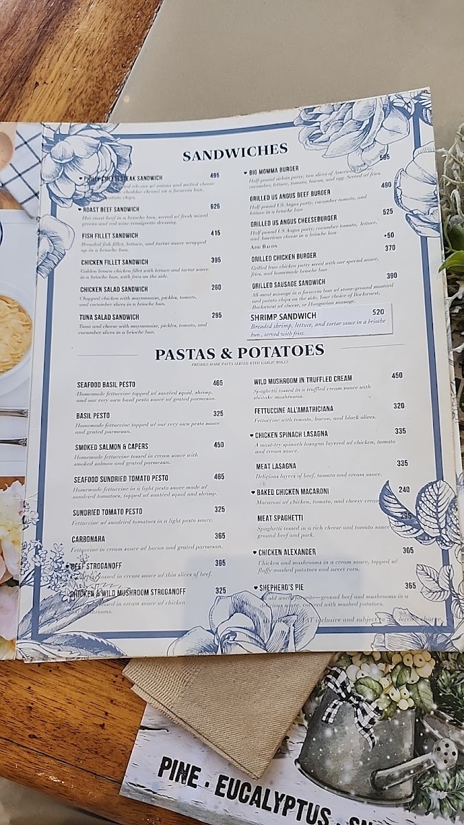 Mom & Tina's Bakery Cafe menu board